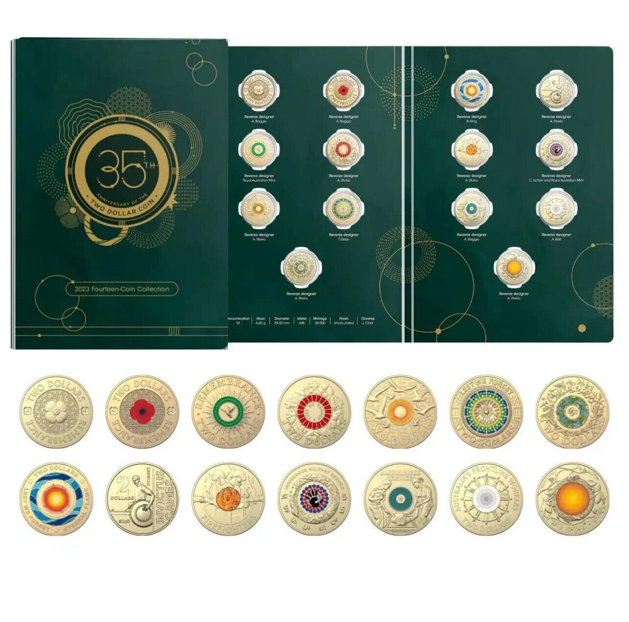 2023 35th Anniversary of the Two dollar coin set of 14 Colour $2 UNC Coins RAM