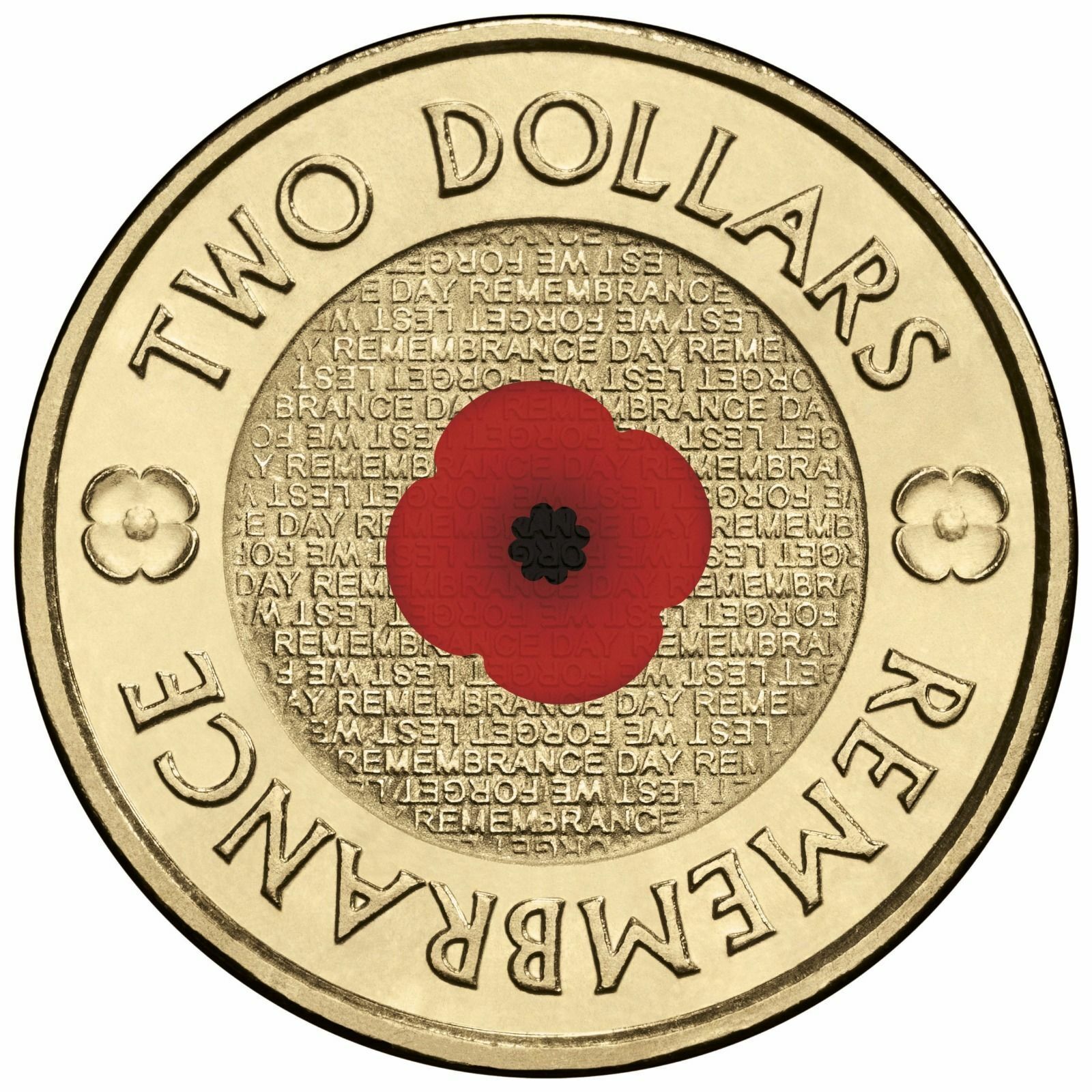 UNC 2012 $2 AUSTRALIA REMEMBRANCE DAY RED POPPY COLOURED COIN- EX ROLL