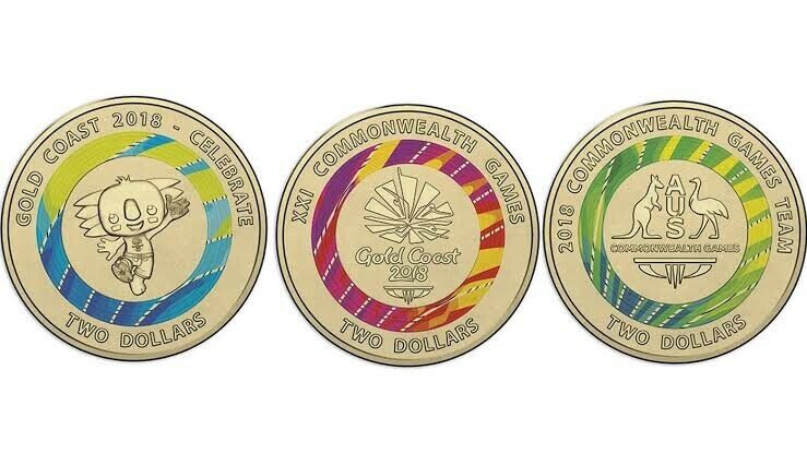 UNC 2018 $2 COMMOMWEALTH GAMES GOLD COAST COMPLETE SET RED, BLUE, GREEN COINS