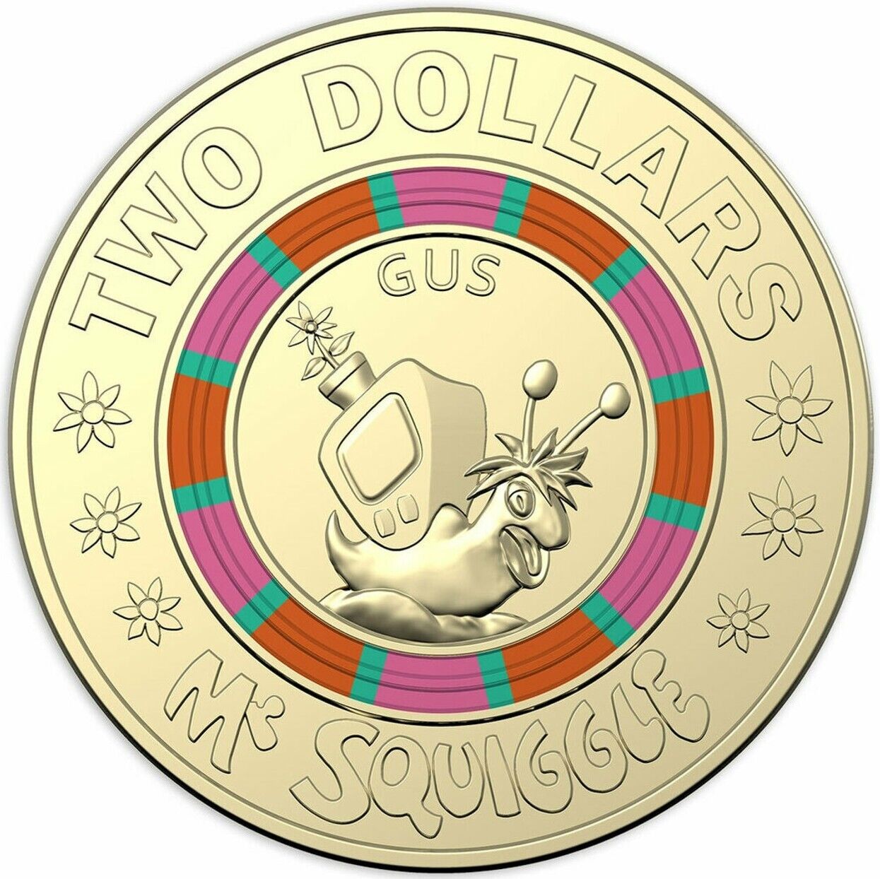 2019 $2 MR SQUIGGLE AND FRIENDS - GUS AUSTRALIAN TWO DOLLAR COLOURED COIN CIRC