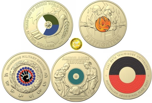 2020 -2021 UNC $2 Dollar Coloured - 5 Coins set WW2 Firefighter IMS Ambo Flag