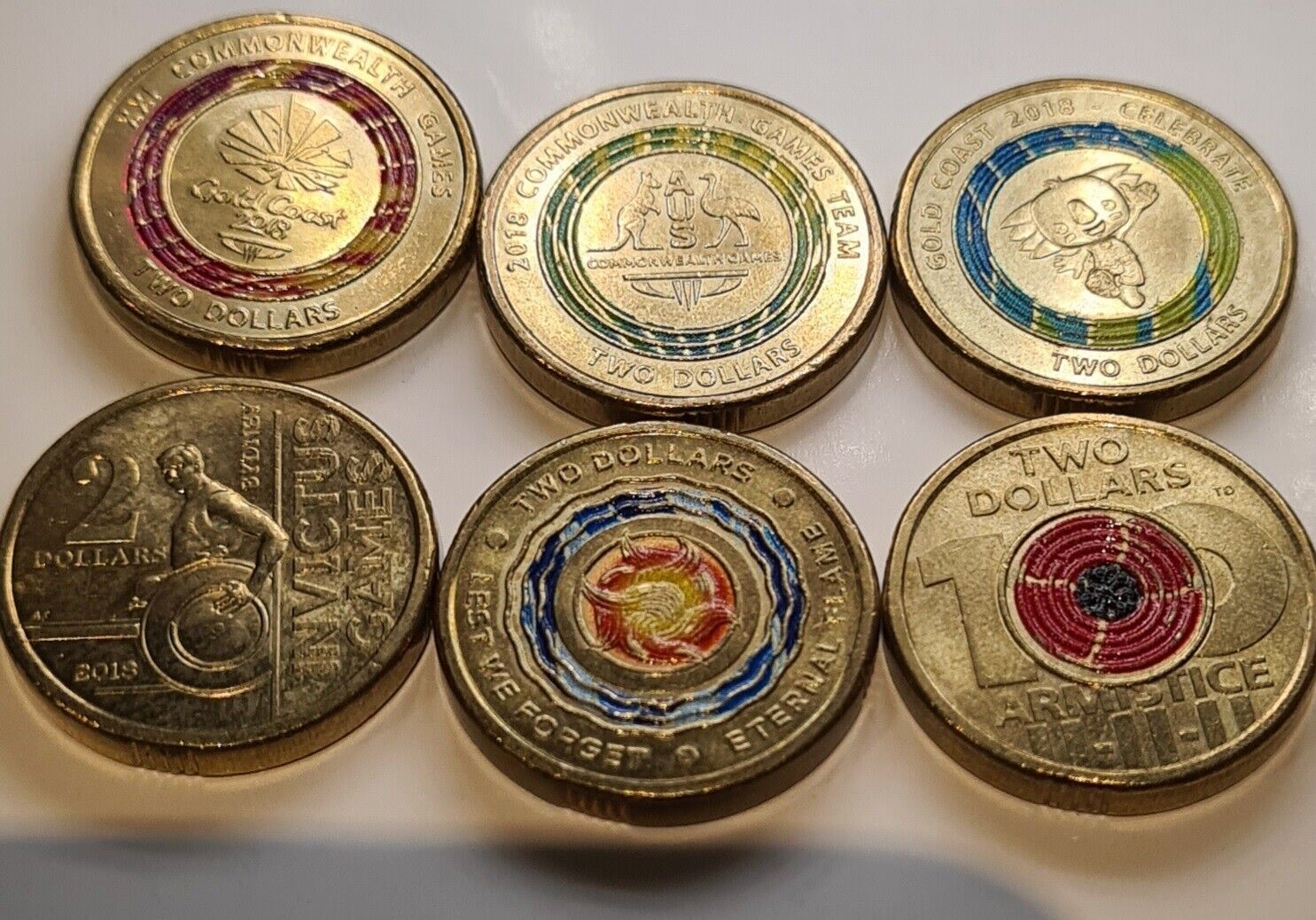 6x 2018 COLOURED SET, AUS $2 DOLLAR COIN - COMM, EF, ARMISTICE POPPY, INVICTUS