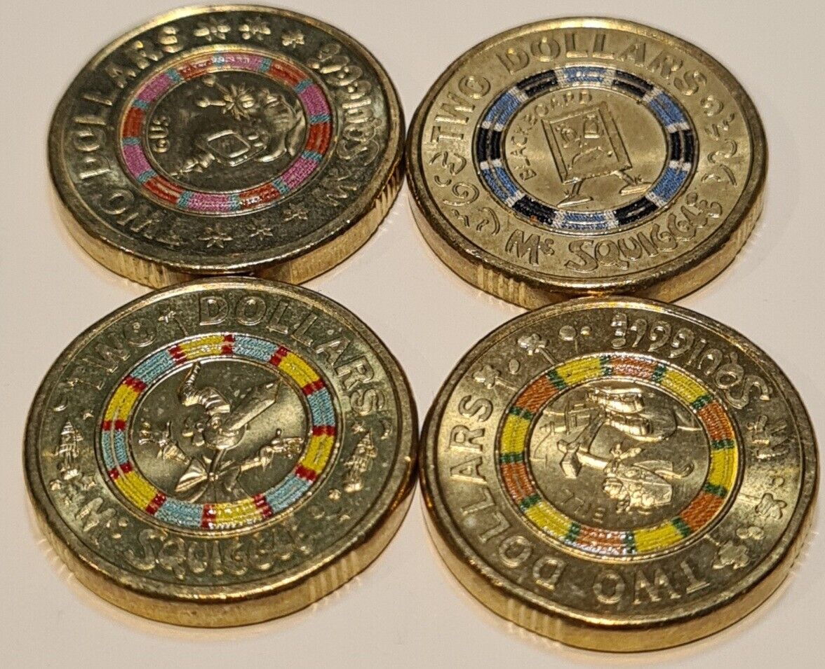 7x 2019 COLOURED COINS $2 SET - MR SQUIGGLE , REPATRIATION,  POLICE, WALLABIES