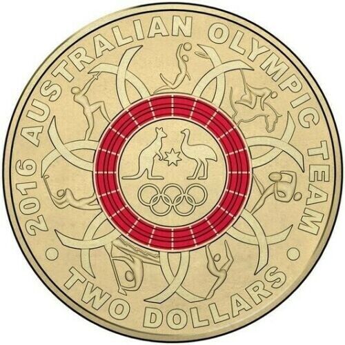 UNC 2016 $2 RED RIO OLYMPIC RING AUSTRALIAN TWO DOLLAR COLOURED COIN EX BAG ROLL