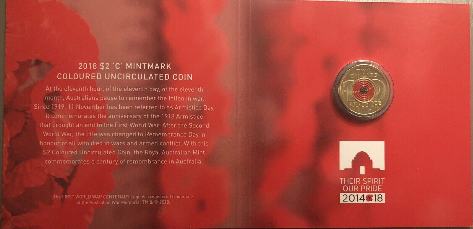 2018 ANZAC Armistice Red Poppy $2 dollar Coin, Remembrance Day C Mint Mark Card