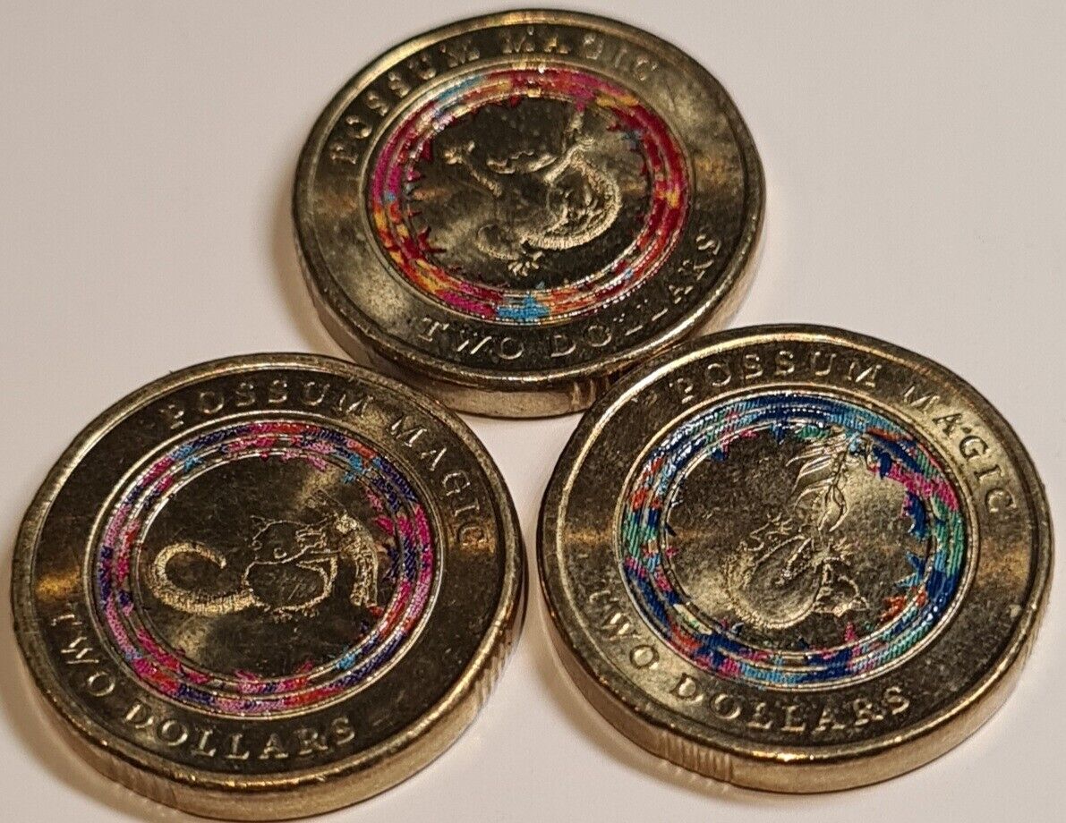 5x 2017 COLOURED $2 TWO DOLLAR COIN SET- POSSUM MAGIC X3, REMEMBRANCE, LWF CIRC