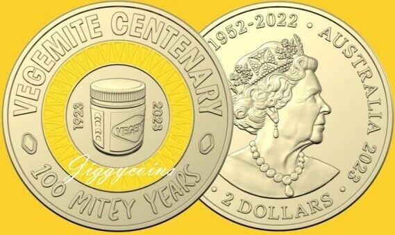 UNC 2023 $2 Vegemite Yellow RARE Coloured two dollar Coin mint bag Queen New