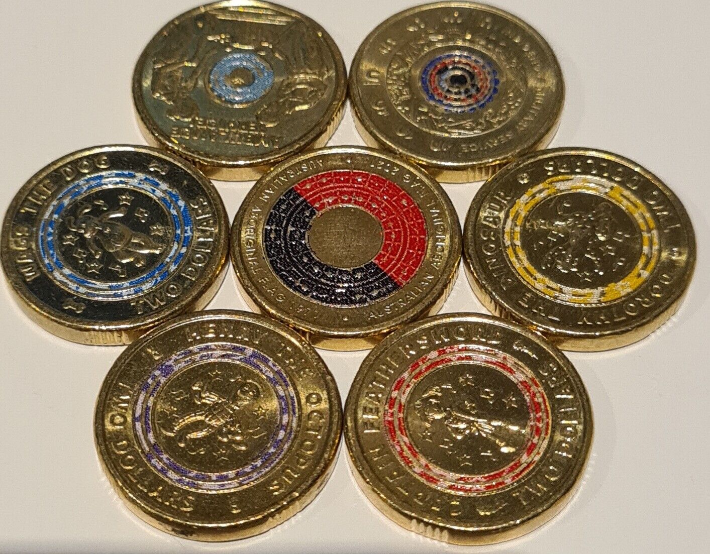 7x 2021 RARE $2 DOLLAR COLOURED COIN SET - WIGGLES, IMS, ABORGINAL FLAG, AMBO