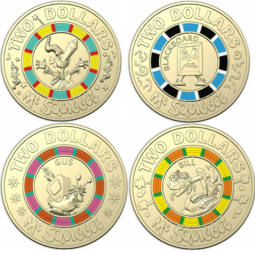 2019 $2 MR SQUIGGLE SET OF 4 x TWO DOLLAR AUSTRALIAN COLOURED COINS QUEEN CIRC