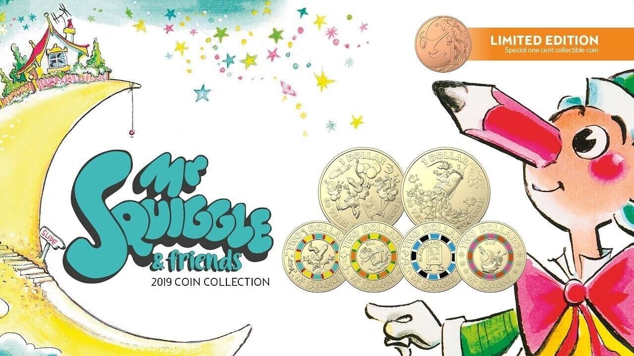 2019 MR SQUIGGLE AND FRIENDS FOLDER 7 UNC $2 & $1 Coin Collection Set RAM