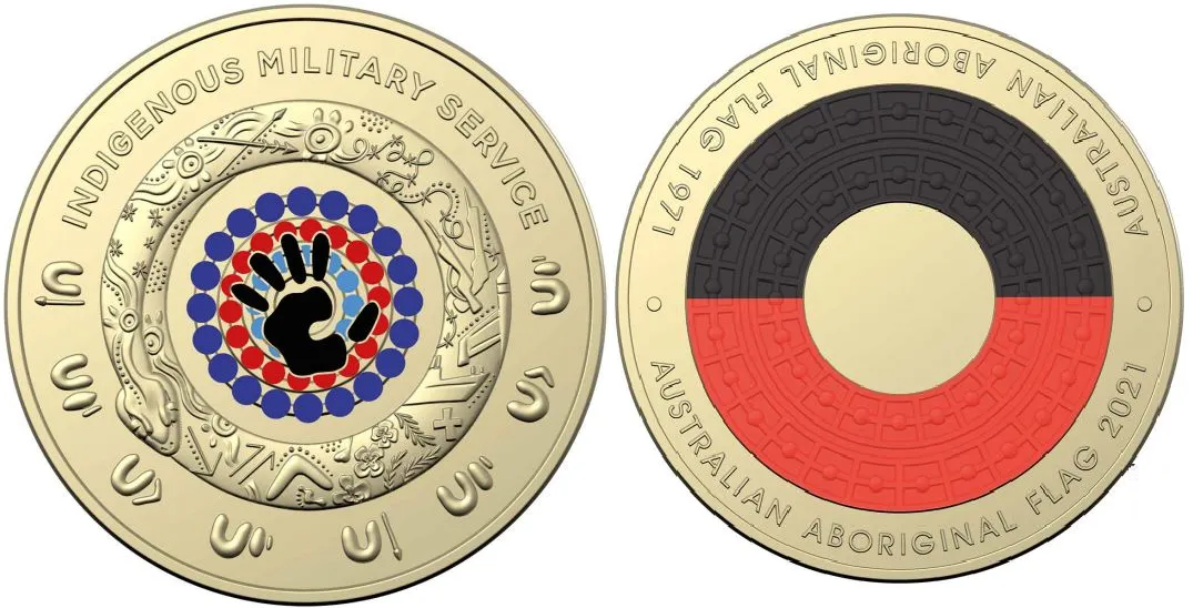 2021 $2 Indigenous Military  & Aboriginal Flag two Dollar Coloured Coin UNC Set