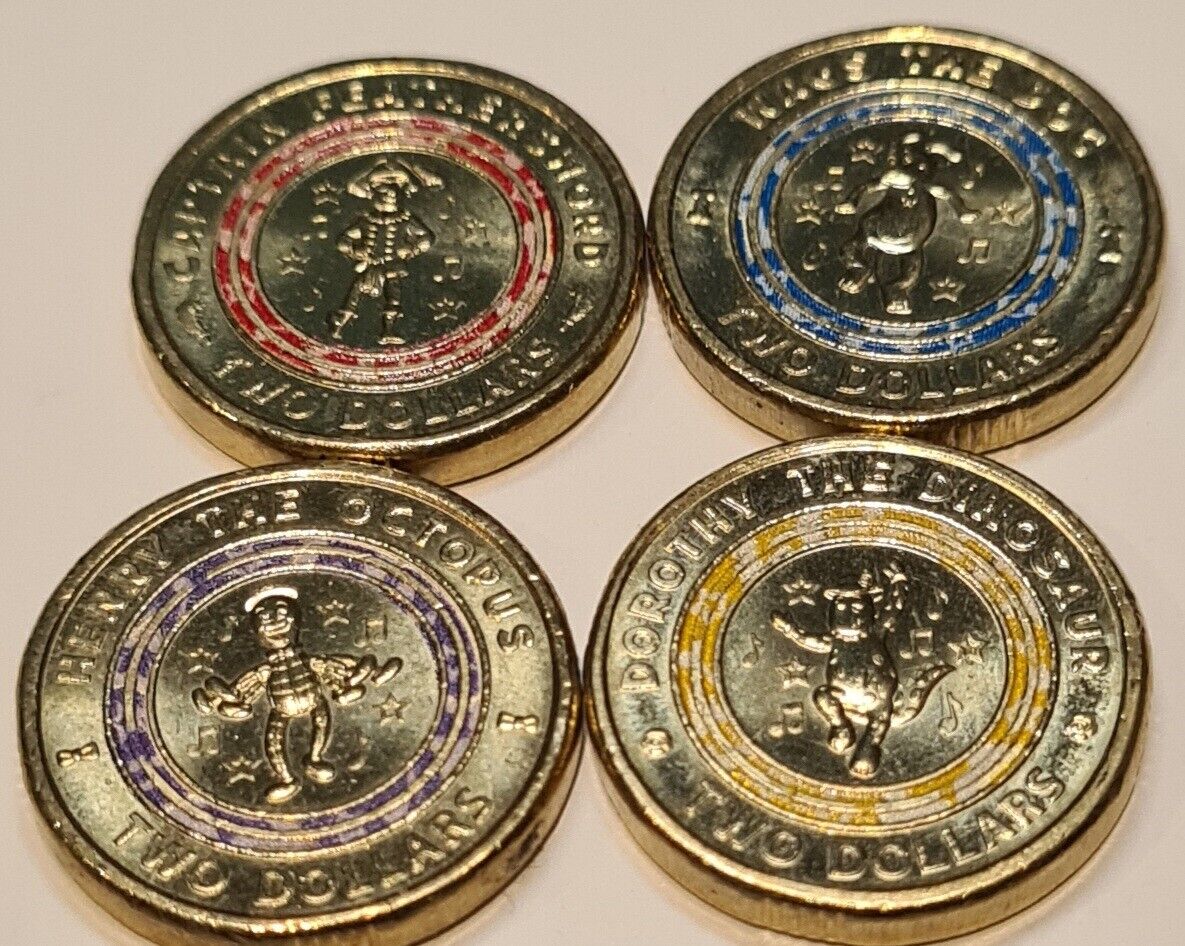 7x 2021 RARE $2 DOLLAR COLOURED COIN SET - WIGGLES, IMS, ABORGINAL FLAG, AMBO