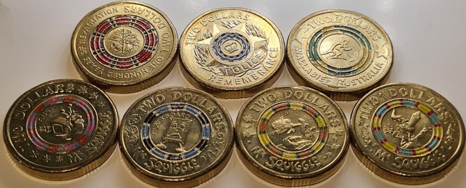 7x 2019 COLOURED COINS $2 SET - MR SQUIGGLE , REPATRIATION,  POLICE, WALLABIES