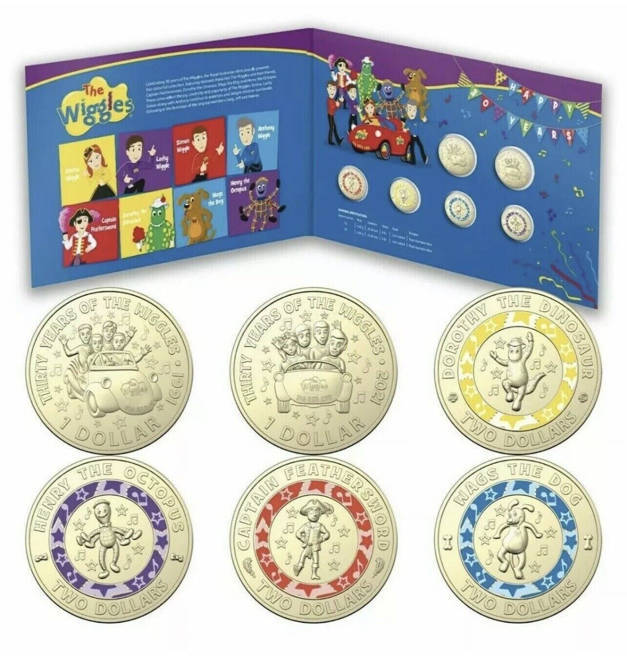 2021 The Wiggles Six Coin Set Folder Collection UNC Coins Coloured $2 $1 Dollar