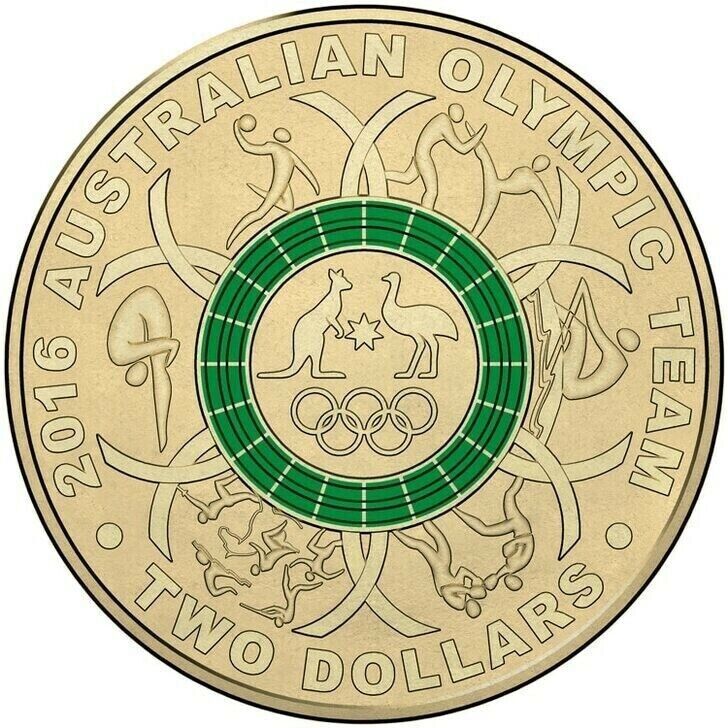 2016 $2 RIO OLYMPIC GAMES GREEN AUSTRALIAN COLOURED TWO DOLLAR $2 COIN CIRC