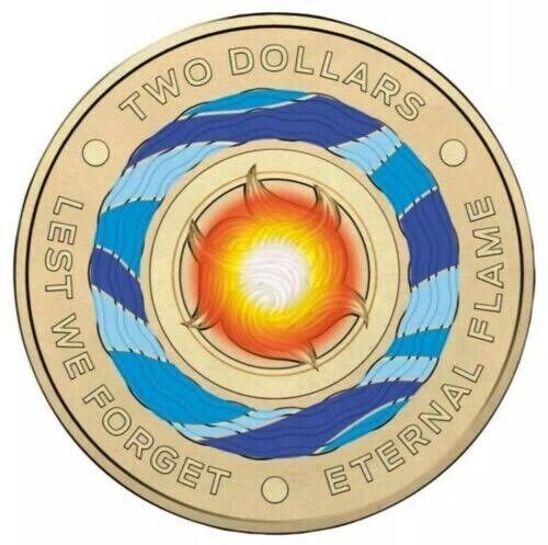 2018  $2 LEST WE FORGET ETERNAL FLAME AUSTRALIAN COLOURED TWO DOLLAR COIN CIRC