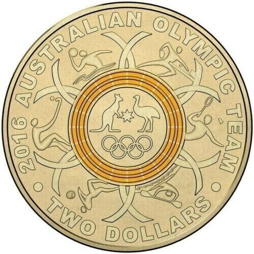 2016 $2 YELLOW RIO OLYMPIC RING AUSTRALIAN TWO DOLLAR COLOURED COIN QUEEN CIRC