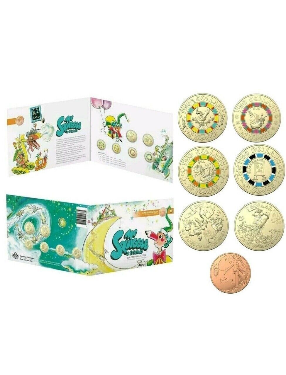 2019 MR SQUIGGLE AND FRIENDS FOLDER 7 UNC $2 & $1 Coin Collection Set RAM