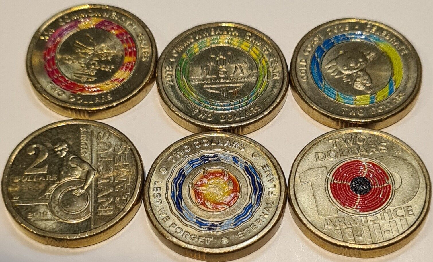 6x 2018 COLOURED SET, AUS $2 DOLLAR COIN - COMM, EF, ARMISTICE POPPY, INVICTUS