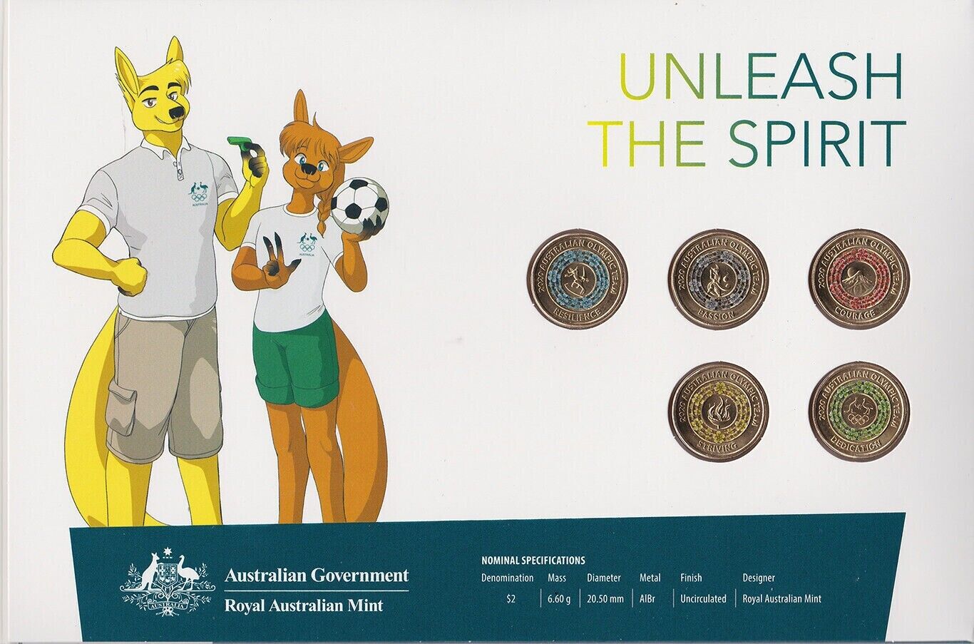 UNC 2020 Tokyo Olympic Coloured $2 Australian Two Dollar 5 Coins Set Folder