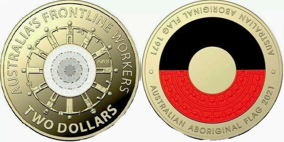 2022 $2 dollar Coloured coin set of two Frontline Workers & Aboriginal Flag aUNC