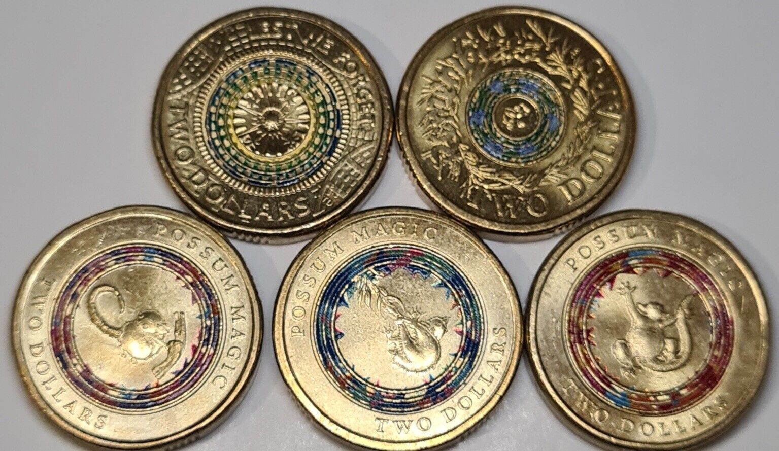 5x 2017 COLOURED $2 TWO DOLLAR COIN SET- POSSUM MAGIC X3, REMEMBRANCE, LWF CIRC