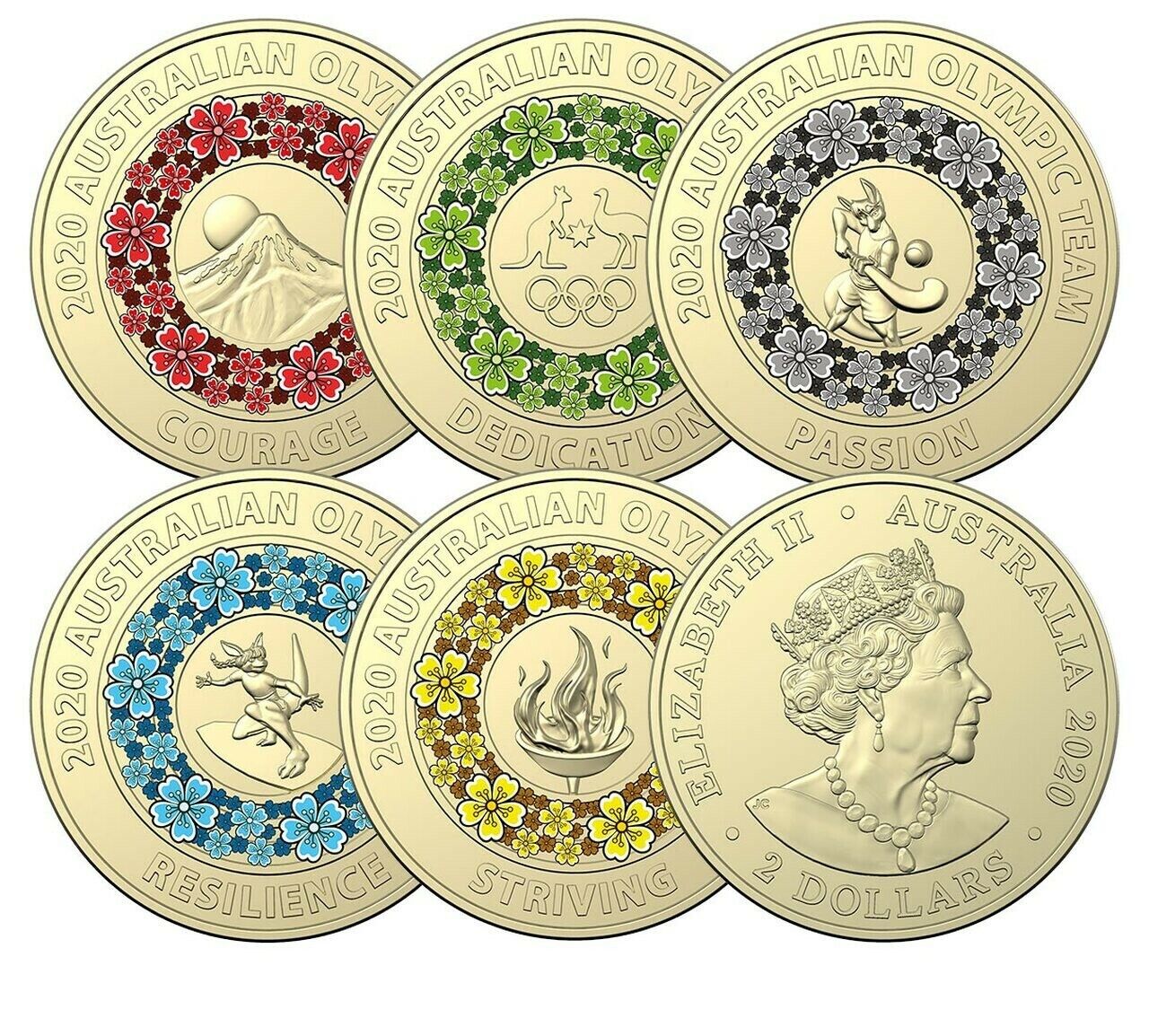 2020 $2 TOKYO OLYMPIC TEAM SET 5PC AUSTRALIAN TWO DOLLAR COLOURED COIN RARE CIRC